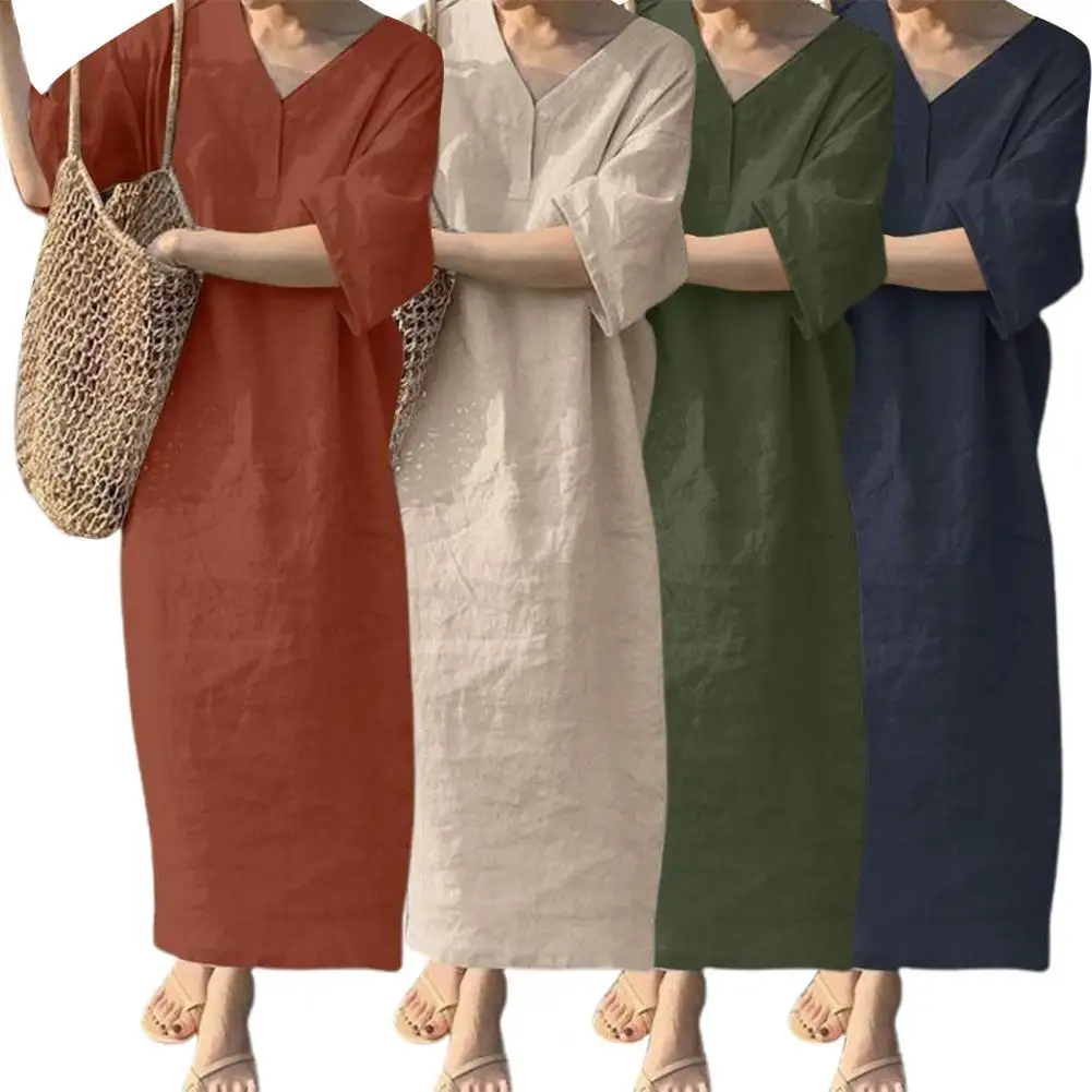 Robe décontractée en coton et lin à col en V et taille haute