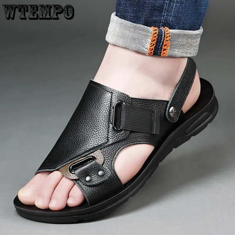 

WTEMPO Genuine Leather Men's Beach Shoes Buckle Strap Soft-soled Sandals Cowhide Outdoor Summer Shoes Men
