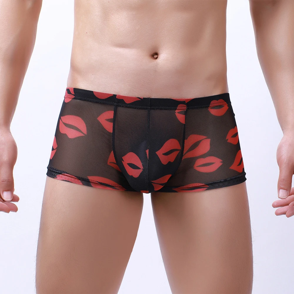 Boxers Men Sexy Lip Print Stretch Shorts Mesh Arrow Panties Briefs Translucent Thin Quick Drying Underwear Low Rise Underpants