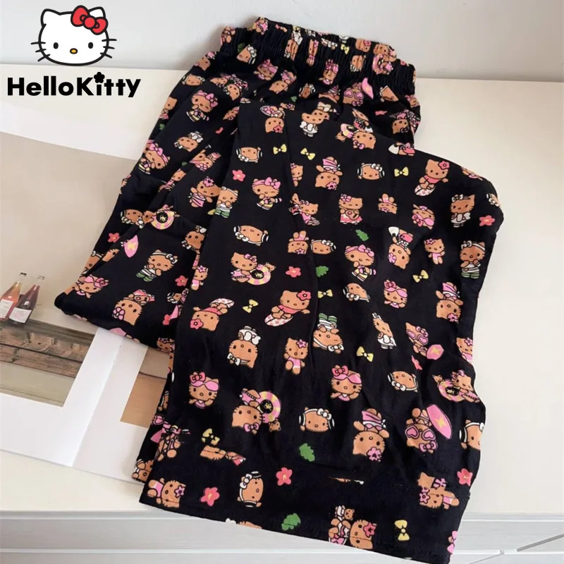 

Sanrio Hello Kitty New Printed Casual Pants Plush Lining Cartoon Fashion Loose Straight Trousers Y2k Women Cute Black Home Pants