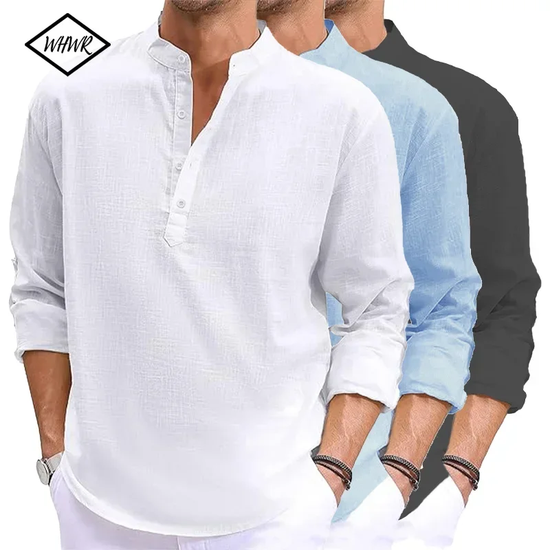 Neue Men Linen Long Sleeve T-Shirt Cotton Solid Color 7