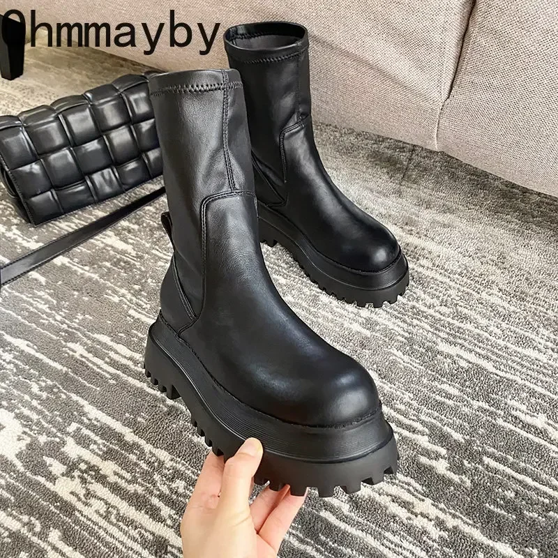 Women Knee High Boots Winter Chunky Platform Heels Round Toe Zipper Thick Sole Ladies Fashion