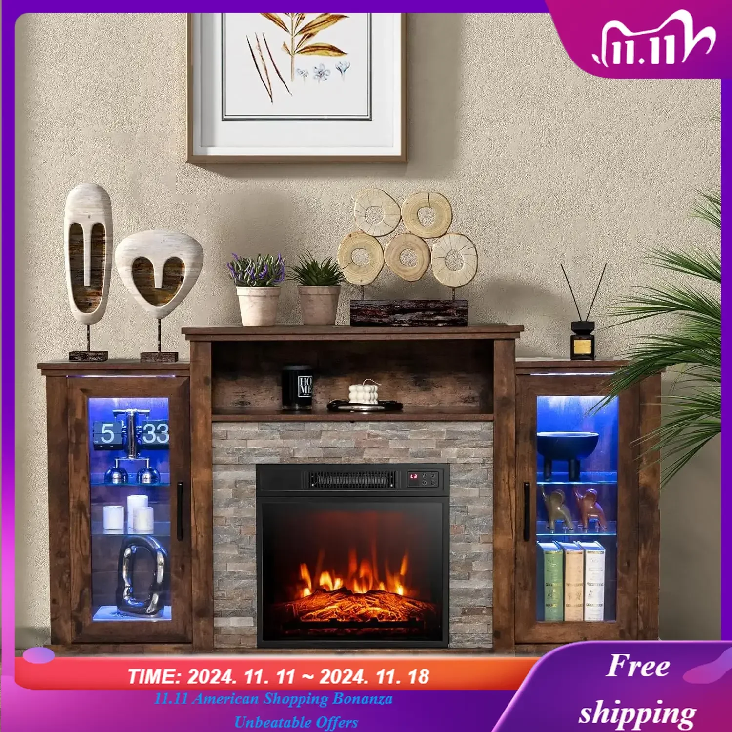 Electric Fireplace TV Stand-Entertainment Center w/18&rsquo;&rsquo; Fireplace Heater, LED Lights, APP & Remote Control,
