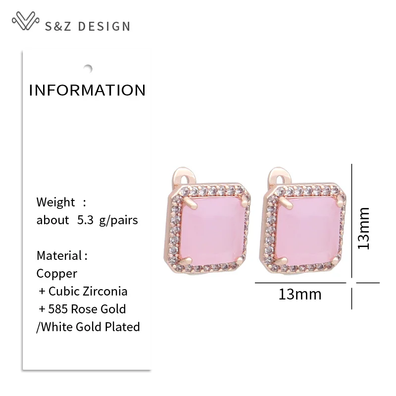 S&Z DESIGN New Fashion Square Pink Crystal Drop Earrings For Women Trendy Jewelry 585 Rose Gold Color Cubic Zirconia Eardrop