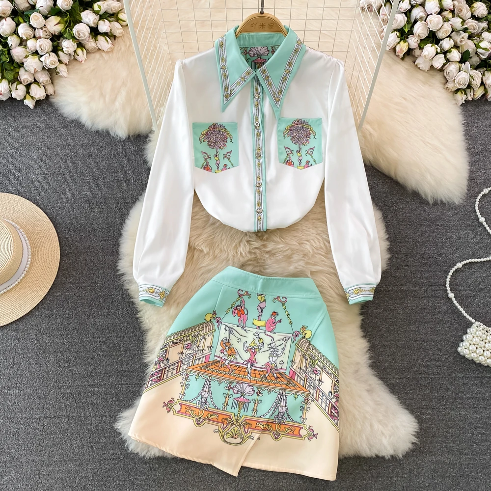 

Retro Temperament Fashion Suit Long-sleeved Loose Single-breasted Shirt + High-waisted Irregular Skirt Two-piece Suit