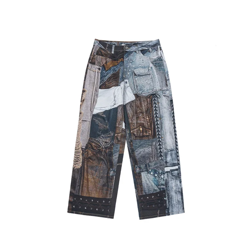 Streetwear Vintage Retro Jeans Man Patchwork Straight Loose Spliced Hole Full Length Denim Pants 4