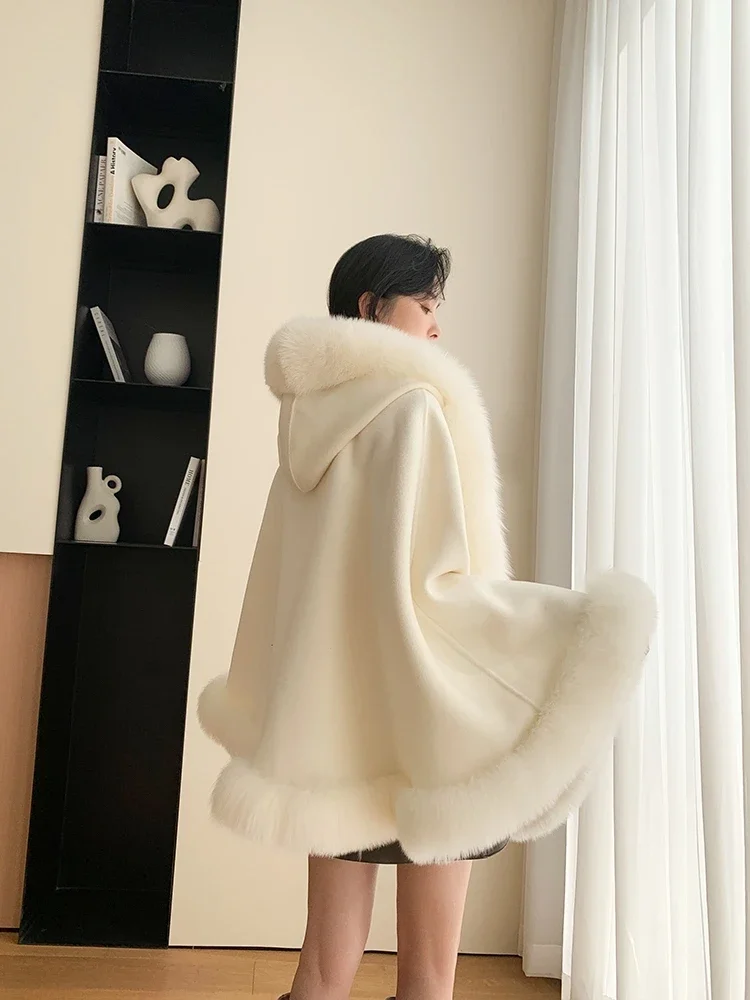 Winter Jacket Women's Clothing Medium Length Fox Fur Cape Wool Double-sided Fur Coat Hooded Warm Thick Loose Fitting Outer Wear