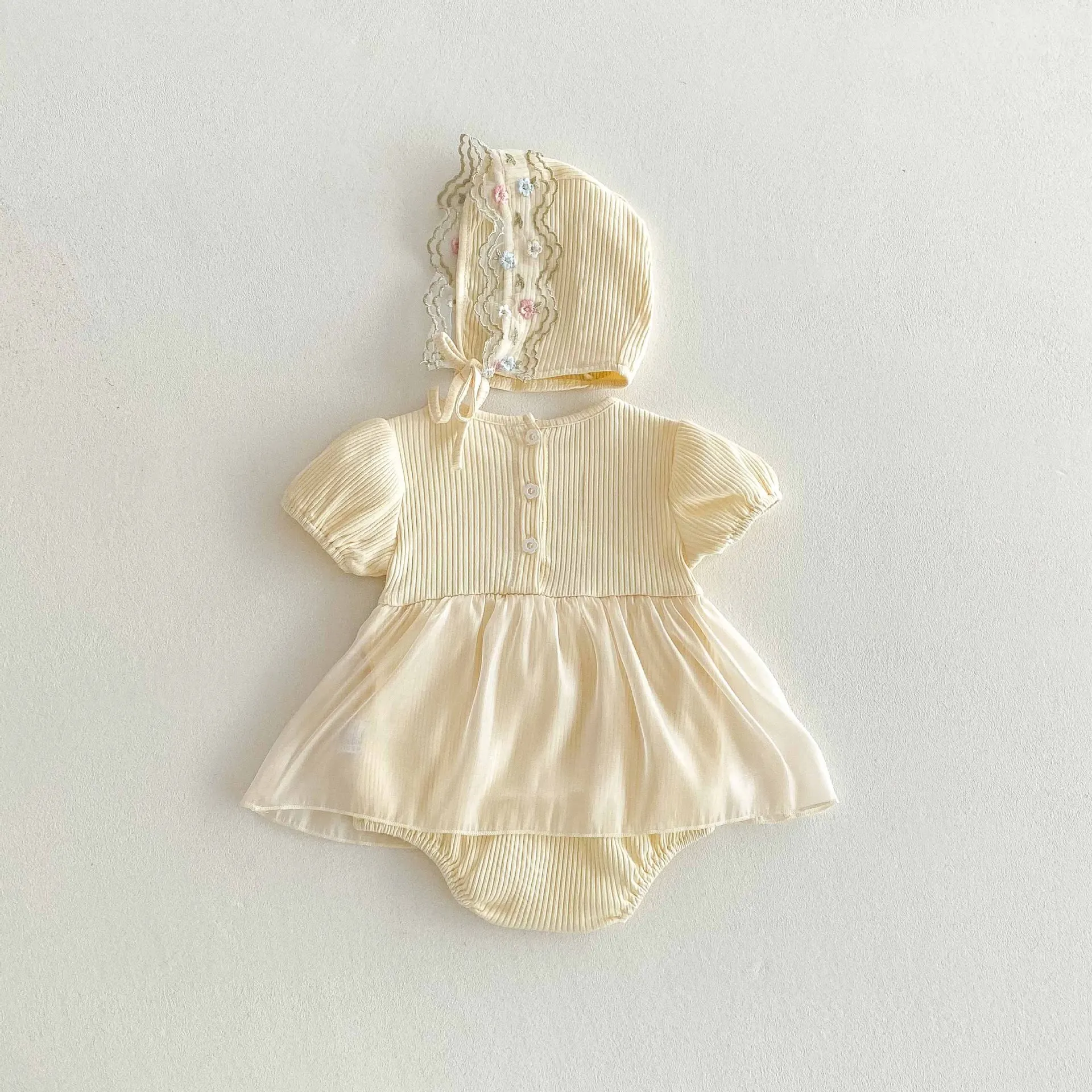 Baby Girls Summer Bodysuit with Hat and Floral Embroidery