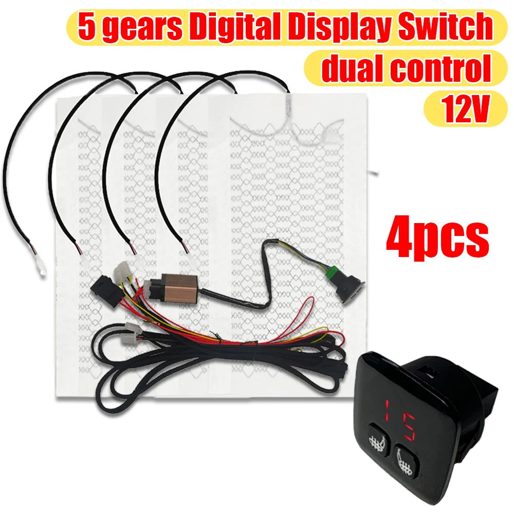 4Pcs 12V Multi Auto Sitz Heizung Carbon Faser Wärme Pads Dual Control 3-5  Ebenen Digital Display doppel Schalter Runde Mit Harness - AliExpress