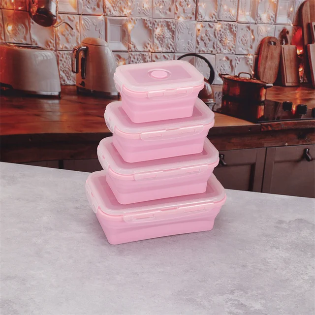 Boîte à déjeuner rectangulaire en Silicone, 4 tailles au choix, boîte à Bento pliable, récipient alimentaire pliant, bol 350/500/800/1200ml pour la vaisselle 4
