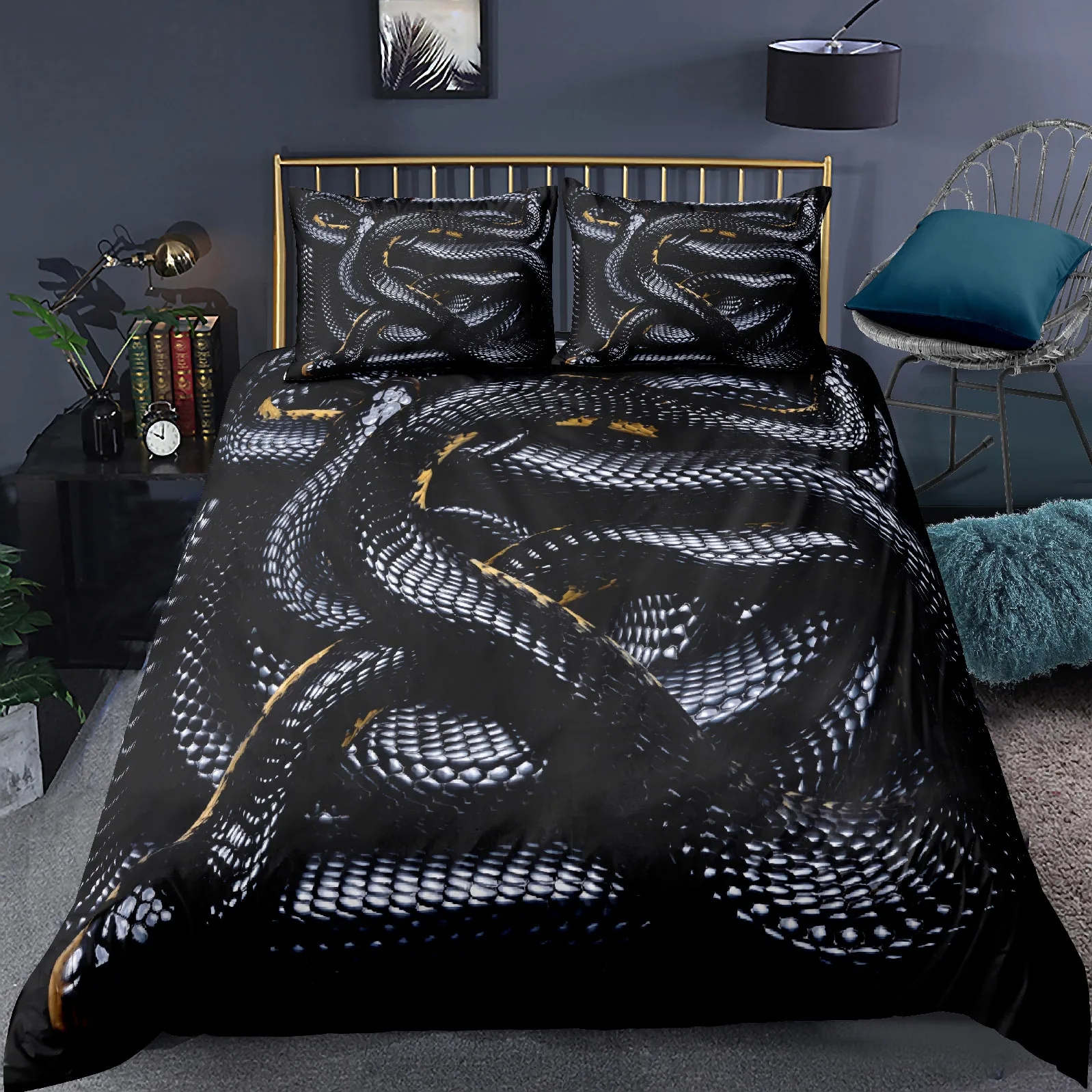 3D Snake Comforter Cover Set for Kids Boys Teens Green Snake Duvet Cover 3D Reptile Print Bedding Set Wild Animal Quilt Cover