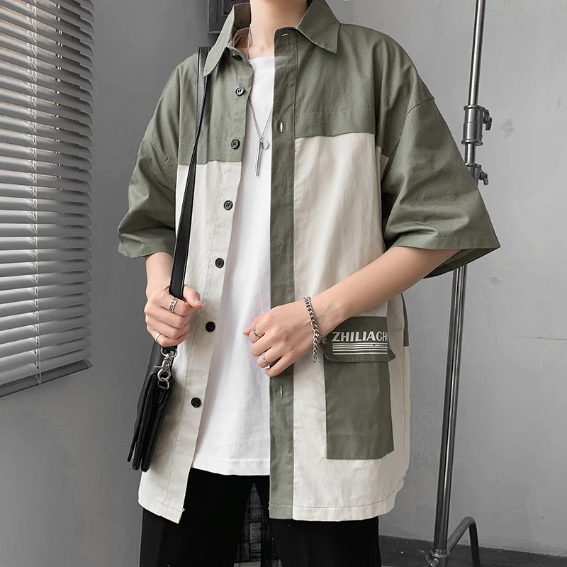 

2024 Casual Mens Short Sleeve Shirts Cotton Tops Button Vintage Streetwear Blouses