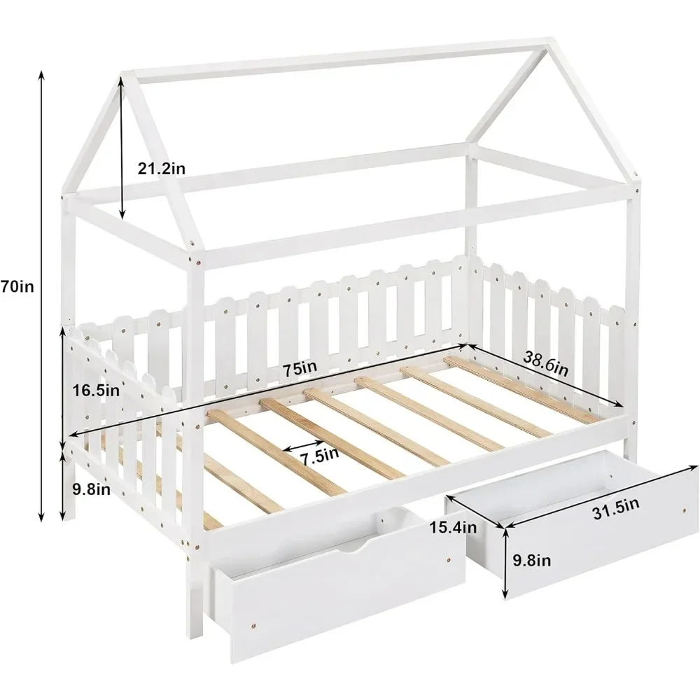 Solid Wood Twin Size House Bed Frame with Roof/Drawers/Fence-Shaped Guardrail, House Bed Platform Bed for Kids,Teens 2