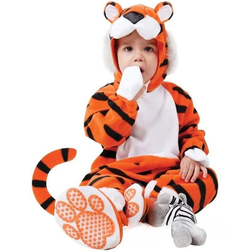 Kids Tiger Costume Plush Animal Onesie with Hooded Hat Children Party Clothes Outfit