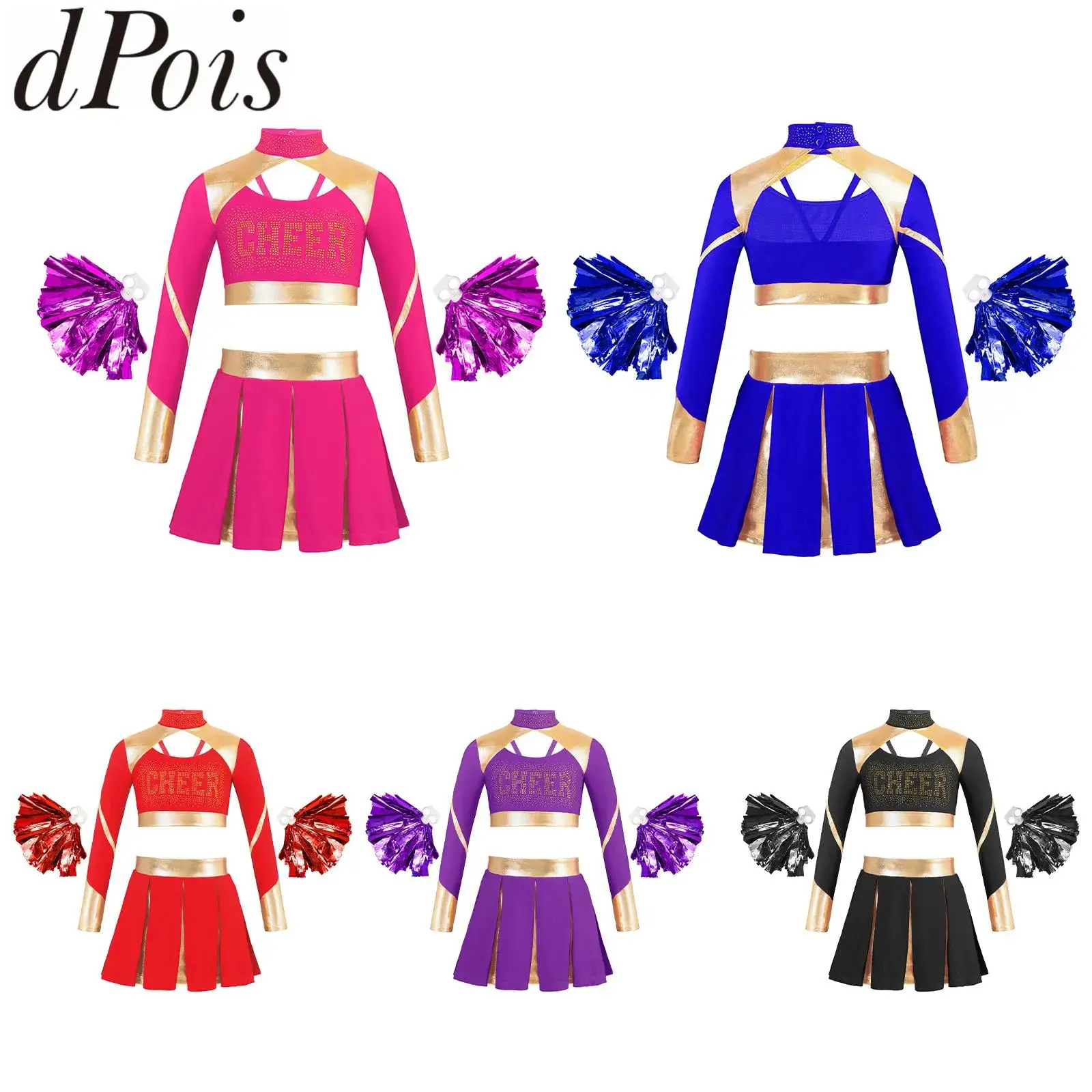Kid Girls Dance Cheerleading Outfit Cheer Modern Dance Set Long Sleeve Rhinestones Crop Top with Pleated Skirt 2Pcs Flower Balls