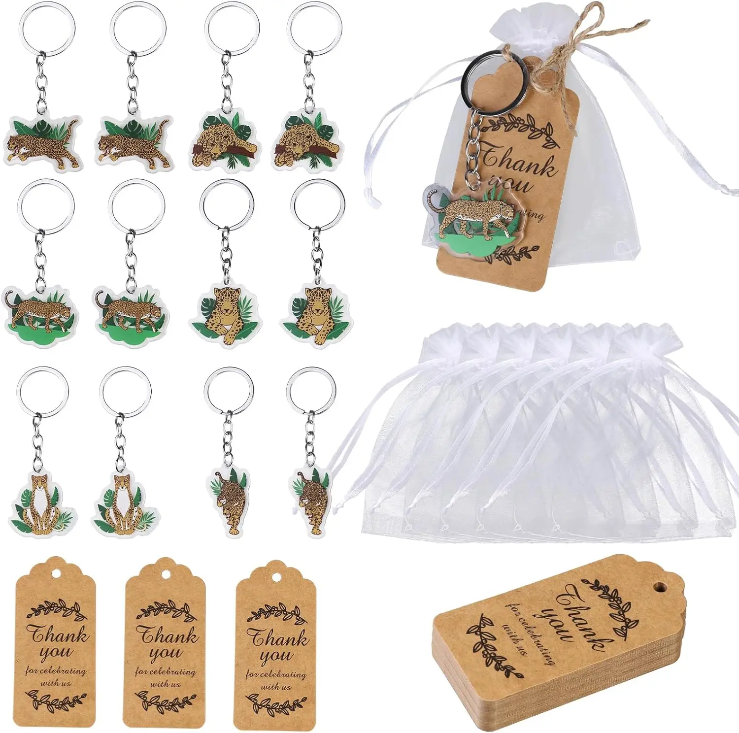 

12Pack Cheetah Print Animal Keychains with Thank You Tags Organza Bags Kraft Paper Tags with String for Jungle Animal PartyDecor
