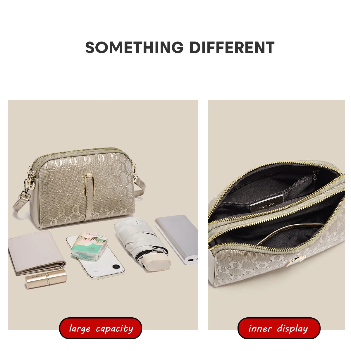 FOXER Elegant Women's Shoulder Bag Split Leather Lady Crossbody Bag Fashion Monogram Print Large Capacity Purse 4
