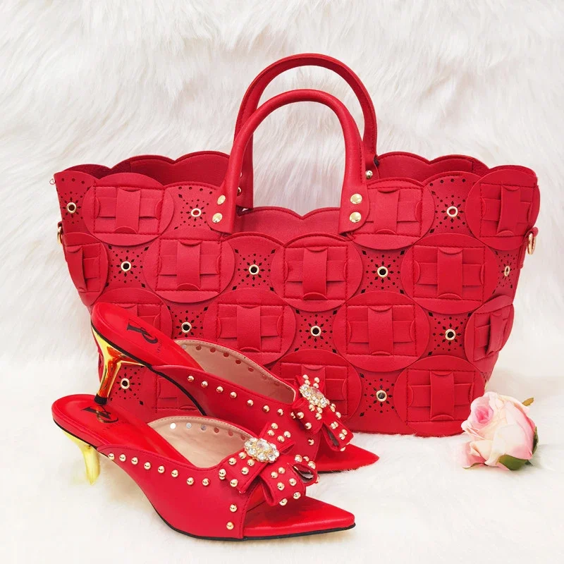 

Rivet Style Women Shoes and Bag to Match in Red Color matching Pointed Top High Quality Nigerian Design Matching Shoes and Bag
