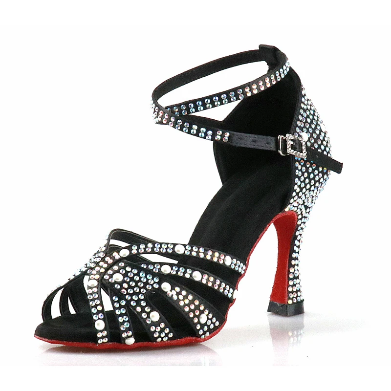 Latin Dance Shoes with Rhinestones for Women, Soft Bottom, Salsa Shoes for Dancing, Ladies Sandals, Wedding High Heels, 7.5cm 3