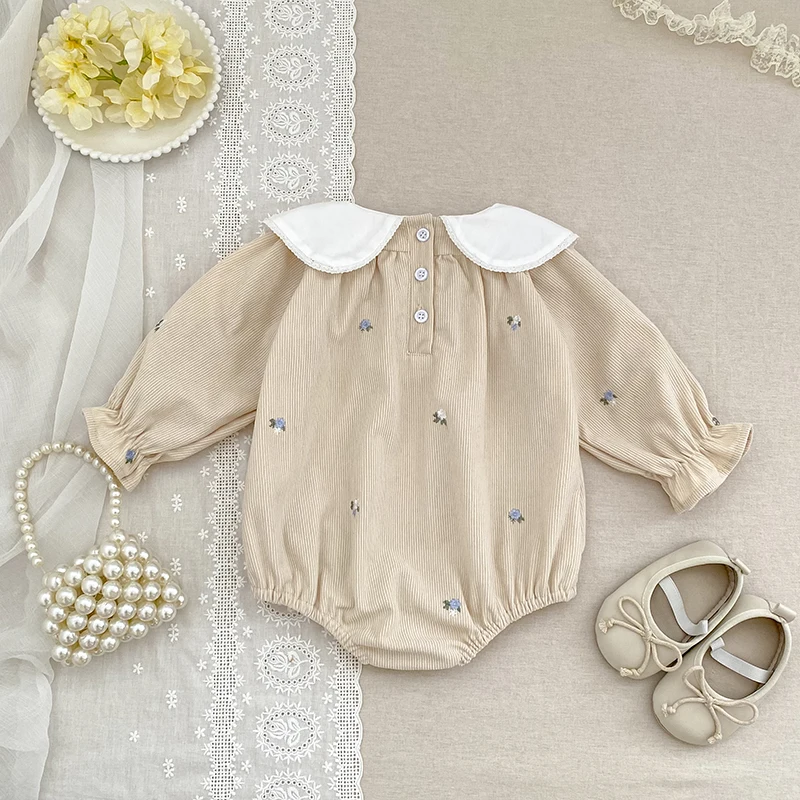 Autumn Newborn Infant Solid Color Bodysuit Girls Romper Floral Embroidery Long Sleeved Jumpsuit Baby Lapel Clothes Infant Clothe - Image 6