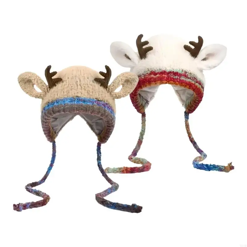 Verdicken Stricken Weihnachten Deer Horn Weiche Winter Kappe Für Familie Erwachsene Kinder Outdoor-Outfit Y08E – Detail 1