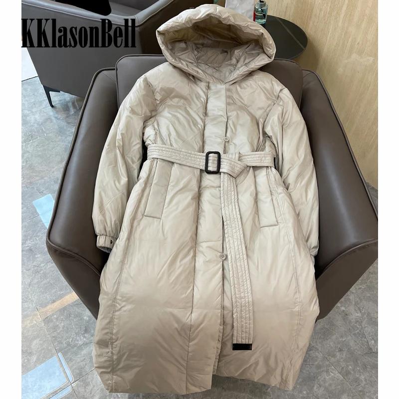 

11,20 KKlasonBell высококачественное приталенное пальто с капюшоном с поясом, модное плотное утепленное длинное пуховое пальто для женщин