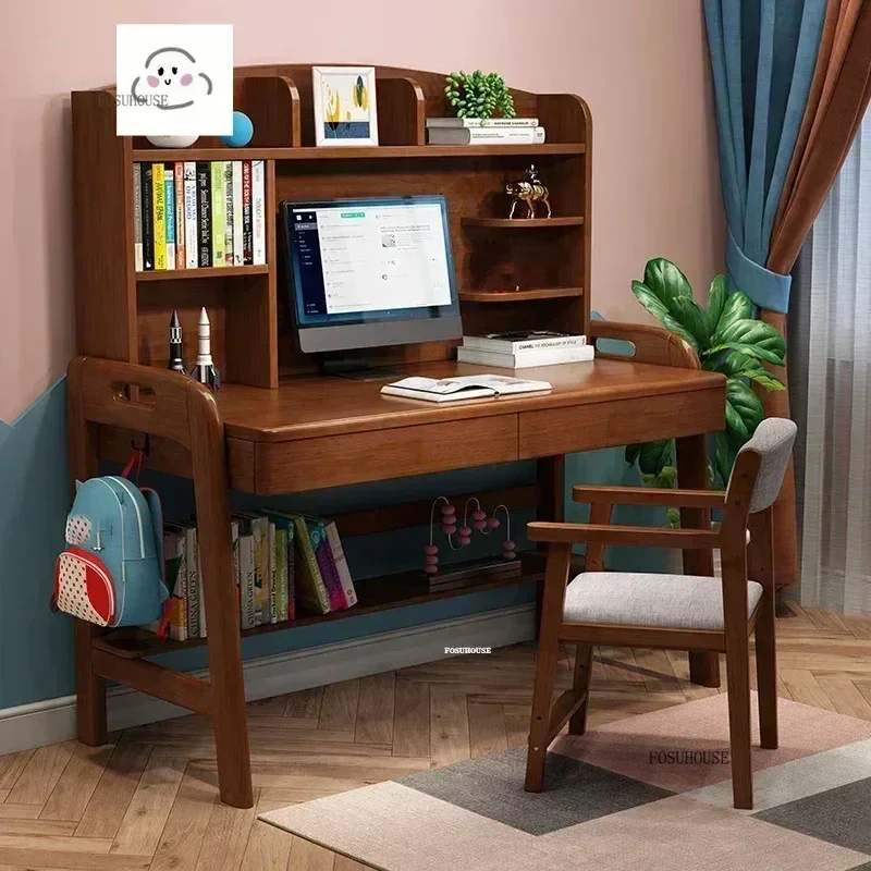 Solid Wood Children Tables Learning Desk Simple Integrated Desk and Bookshelf Modern Student Home Bedroom Writing Chair