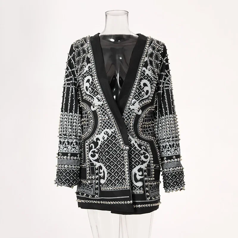 Vintage Coat Autumn Fall Winter Beading Pearl Blazer Women Long Sleeve Outwear Suits Jacket Elegant Mujer Bontjas Thick Jackets