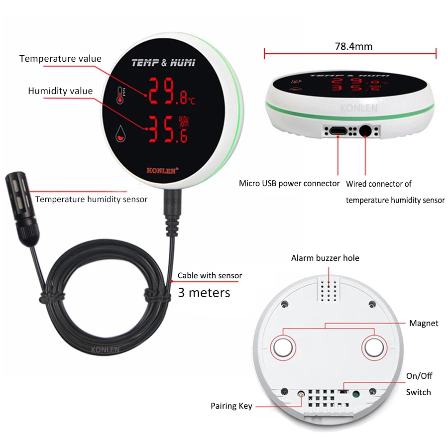 WiFi Temperature Sensor Smart Thermometer: Digital Temperature Monitor  Gauge with Waterproof External Probe, App Alert & Buzzer Alarm,  Rechargeable