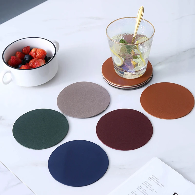 

5PCS Faux Leather Coaster Waterproof Heat Resistant Round Cup Coaster Cup Mat Tableware Insulation Mat Bowl Placemat Home Decor