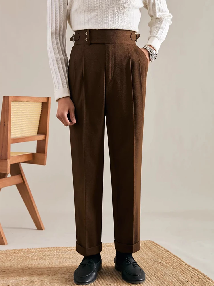 Vintage Pleated Trousers Mens Trendy High Waist Belt Design Suit