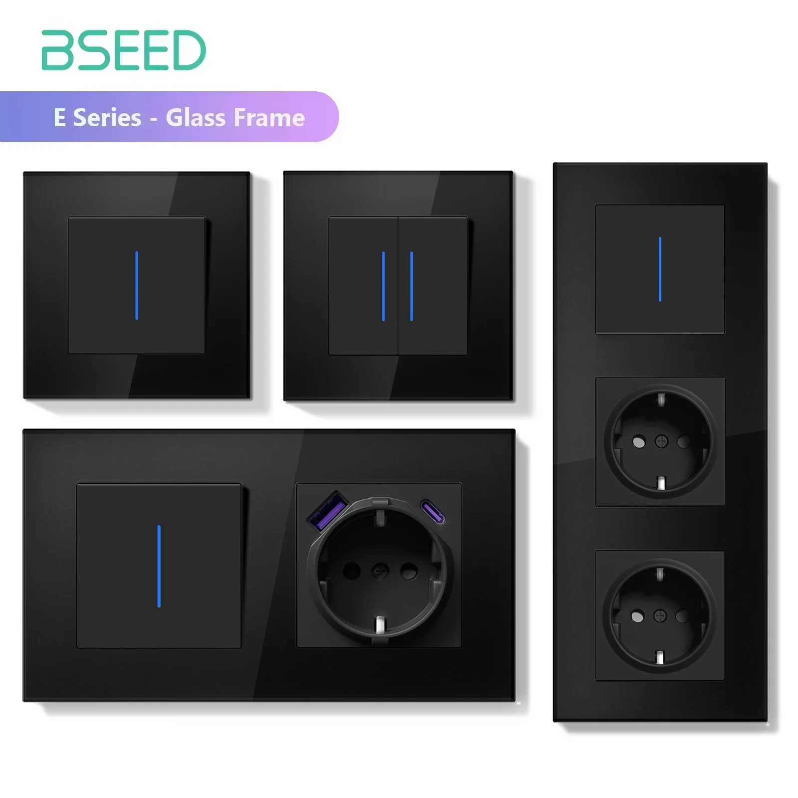 BSEED 1/2 Gang Wall Light Switch Mechanical คู่ปุ่มสวิทช์ 1Way LED EU ซ็อกเก็ต USB 20W Type-c พอร์ตแผงกระจก 1