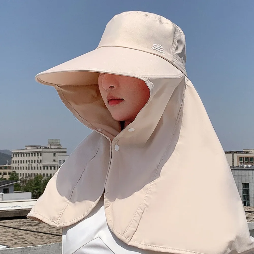 

Large Brim Sun Hat New Neck Guard Shawl Anti-UV Fisherman Hat Washable With Snap Button Bucket Hat Beach