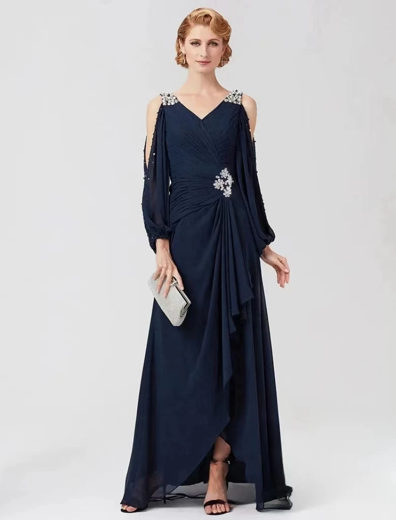 

Elegant A Line V Neck Guest Floor Length Prom Mother of the Bride Dress With Beading Pleat Luxury Wedding Evening Mother Gowns