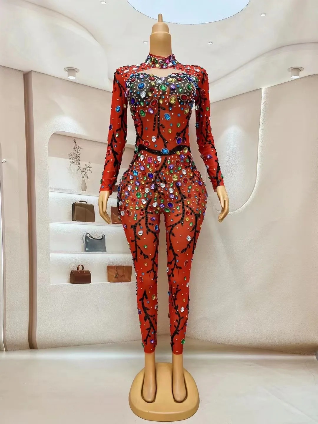 

Colorful Big Rhinestones Brown Mesh Bodysuit Evening Birthday Celebrate SexyJumpsuit Outfit Dance Performance Costumeheiman