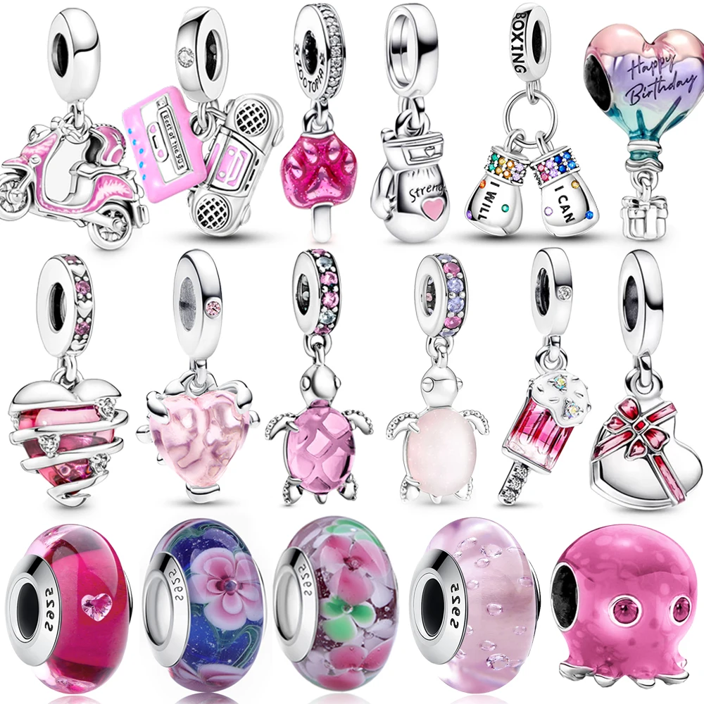 

Original Pink Color Series Boxing Gloves Sea Turtle Murano Charms Gift Box Dangle Charm Fit Brand Bracelet Necklace Jewelry