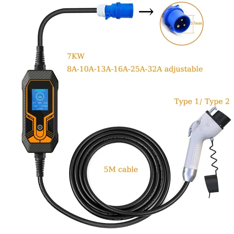 ޴ EV , 32A 7KW Ÿ 2 J1772 5M ̺,  ڵ ޴ ,  ī EVSE  ڽ,  