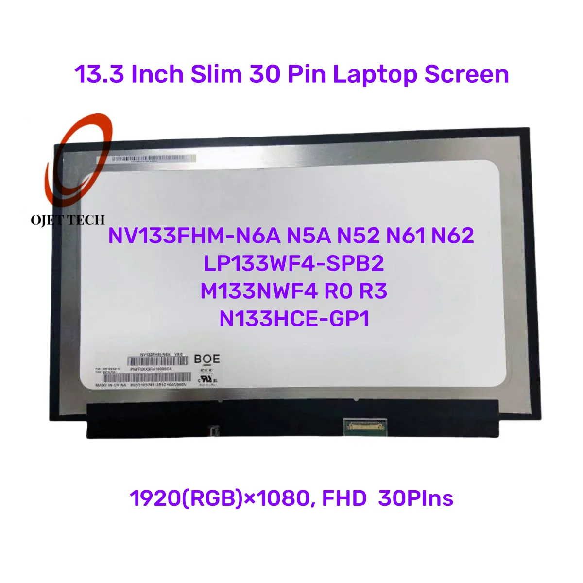 노트북 화면 NV133FHM-N6A, 13.3 인치 슬림 30 핀, N5A, N52, N6..