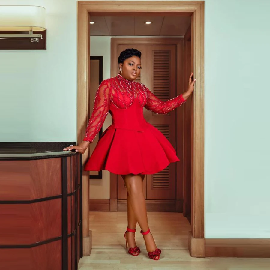 Red Short Cocktail Dresses High Neck Long Sleeves Pearls Beads See Through A Line Prom Party Gowns For Black Girls