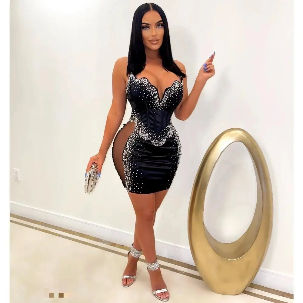 

Women Dress Fashion New Rhinestone Gauze Splicing Sexy V-Neck Wrapped Hip Vestido Chic Female Skirt Evening Party Lady Outfits