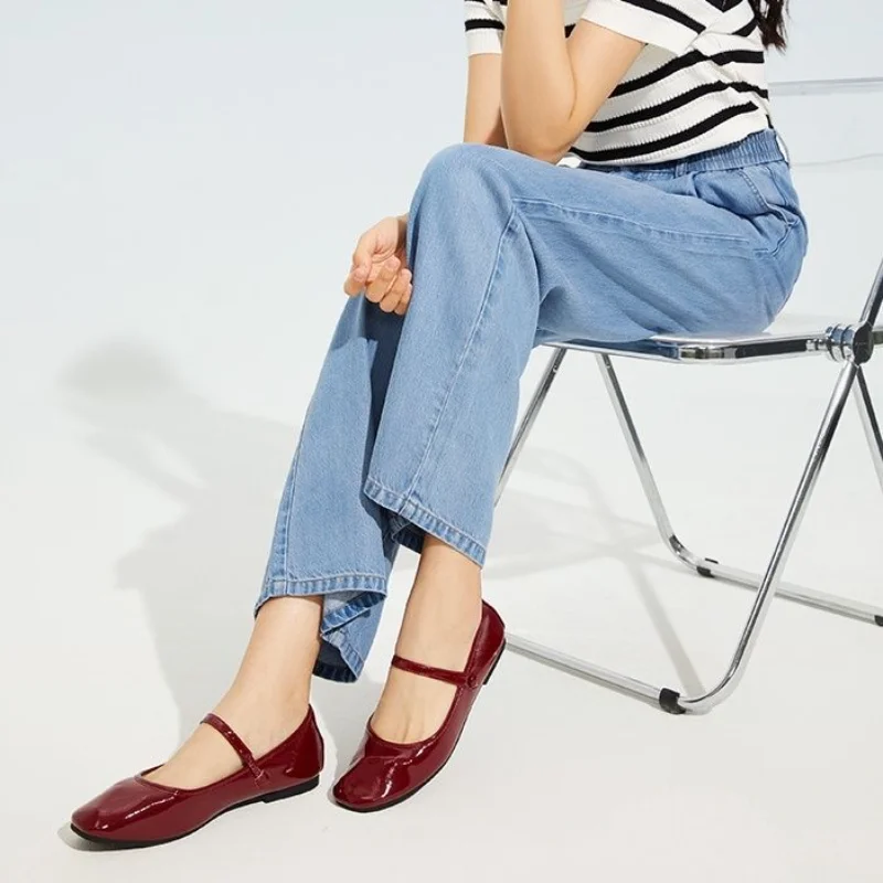Red Flats Shoes For Woman 2025 Square Toe Flat Low Heel Elegant - Main Image