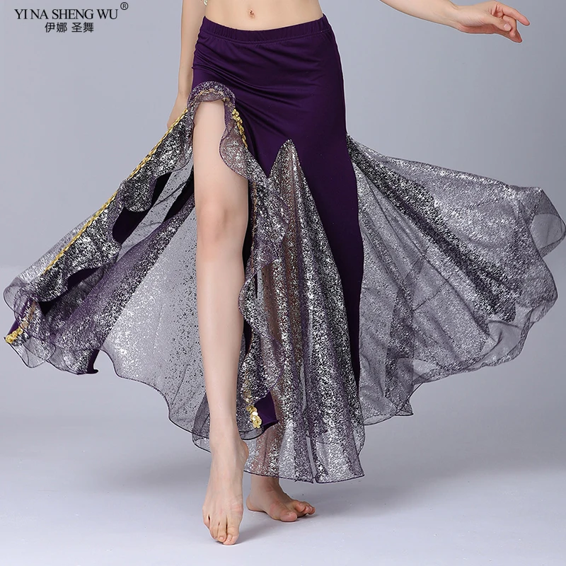 

Belly Dance Skirt Sequins Yarn Split Dance Skirt for Women Belly Dance Practice Dance Wear Oriental Belly Dancing Costumes Skirt