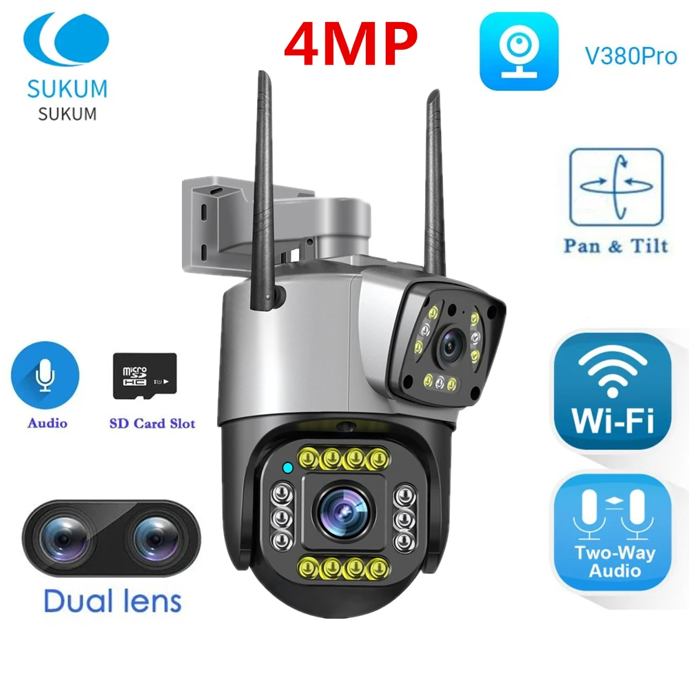 4MP Dual Lens Camera WIFI Outdoor V380 Pro Security Protection Color Night Vision Wireless Speed Dome IP Camera