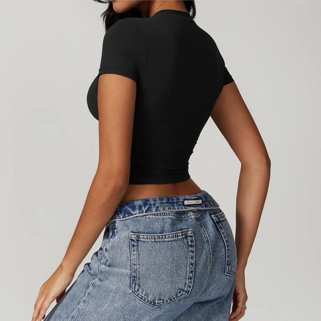 Solid Color Women's Tight Yoga Short-Sleeved T-Shirt Soft And Breathable Belly Button Exposed Fitness Top Abdominal Slimming