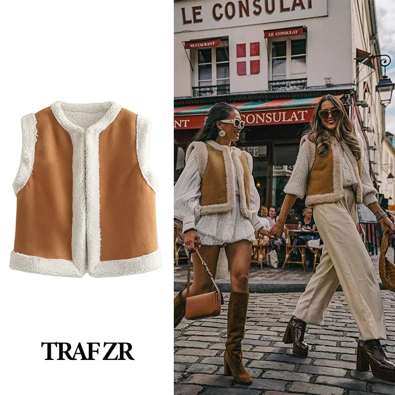 

TRAF ZR Sleeveless Vests for Women New in Outerwears Winter Jackets 2023 Women's Cardigan Waistcoat Leather and Leather Jackets