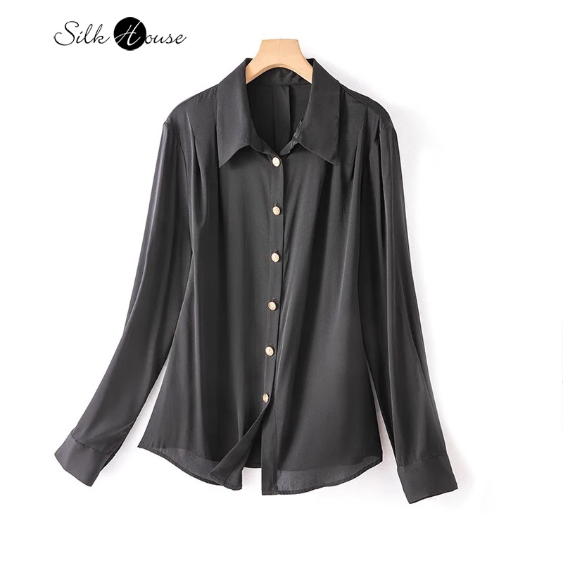

2024 Women's Fashion New 93%Natural Mulberry Silk Elastic Double Qiao Long Sleeved Casual Commuter Simple Solid Versatile Shirt