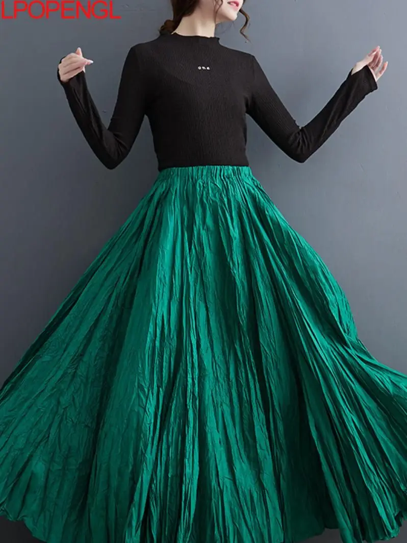 

Woman Autumn New Temperament Elegant Ankle-length Pleated Skirt Fashion Loose Large Swing Casual Solid Color Elast Waist Skirt