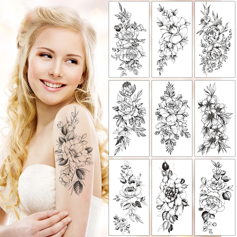 

Body Art Tattoo Sticker Flower Big Waterproof Temporary Sexy Thigh Tattoos For Woman Tattoo Fake Water Black Sketch Line Sleeve