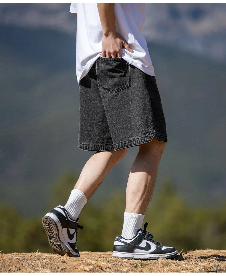 Distressed wash cargo denim shorts embroidered casual loose drawstring cropped streetwear pants