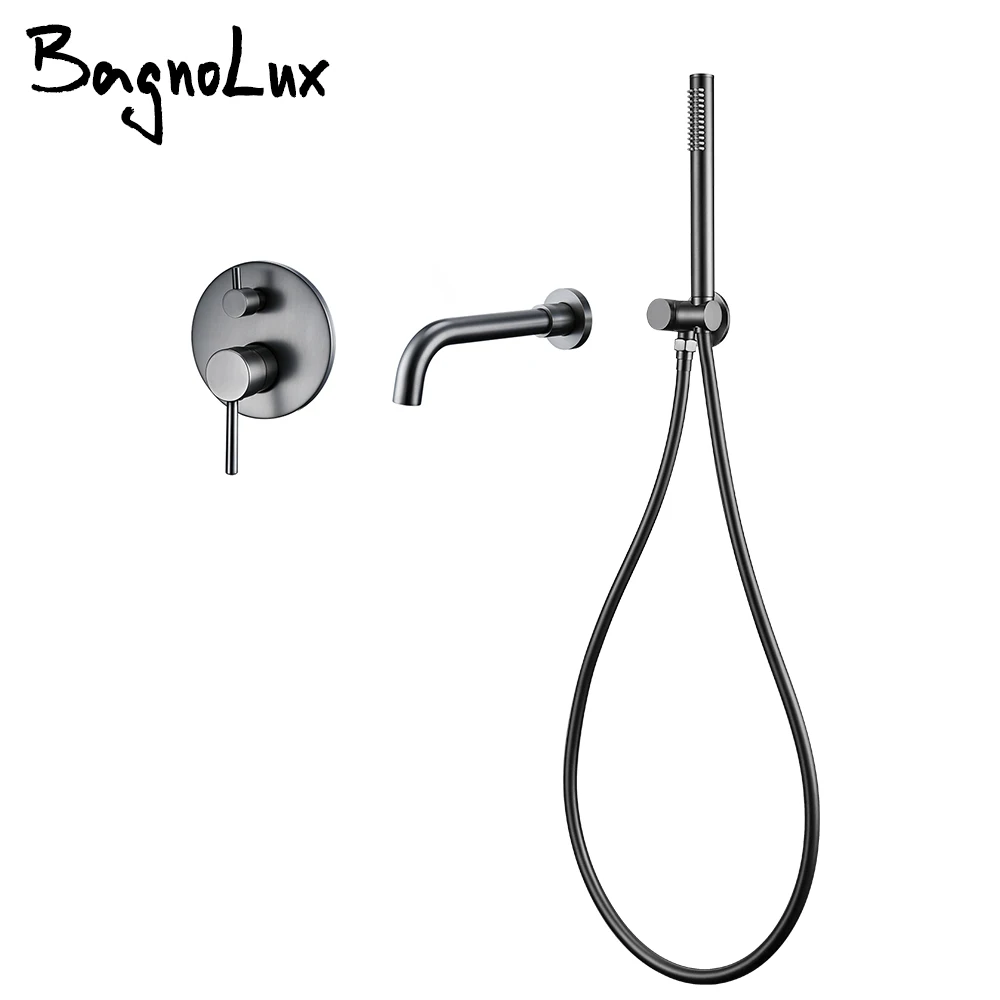 Bathtub Mixer Tap Set Shower Hot And Cold Bathroom Faucet Brushed Stanless Steel Diverter With Wall Mount Spout Handheld Hose 2